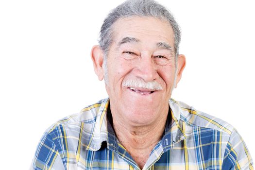 One happy mature male with mustache and big smile in blue and yellow striped flannel shirt over white background