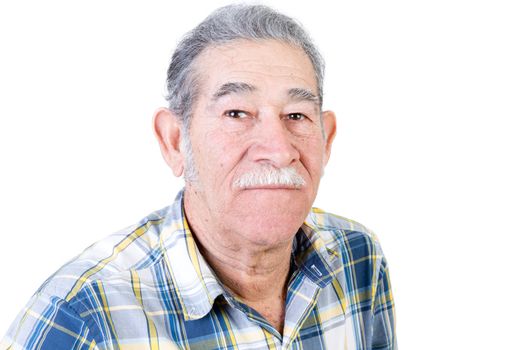 Serious single middle aged Mexican man with mustache in middle class casual shirt over white background