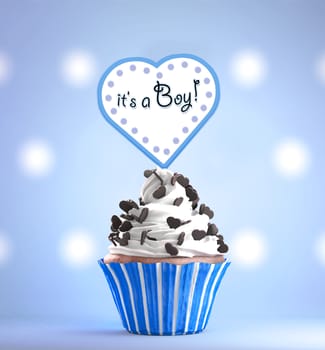 Newborn Baby Boy card message on a delicious cupcake with chocolate hearts