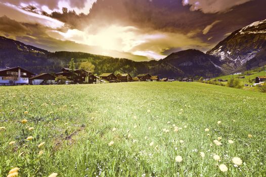 The Small Village High Up in the Swiss Alps at Sunset, Vintage Style Toned Picture
