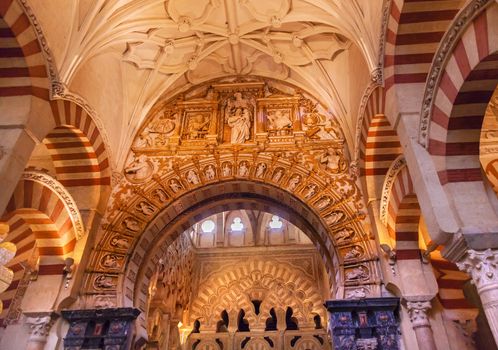 Capilla de Villaviciosa, First Chrstian Chapel, Arches Mezquita Cordoba Spain.  Mezquita Created in 785 as a Mosque. Capilla created 1371, Mezquita converted to a Cathedral in 1500. 