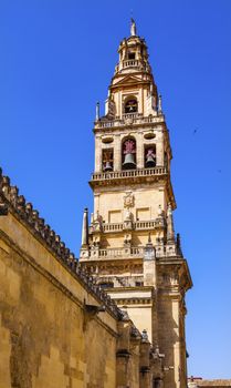 Torre del Alminar Bell Tower Mezquita Cordoba Andalusia Spain.  Created in 785 as a Mosque, was converted to a Cathedral in the 1500.  Bell Tower was constructed on top of minaret. 