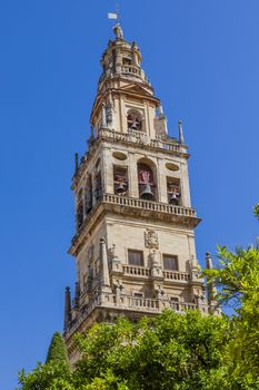 Torre del Alminar Bell Tower Mezquita Cordoba Andalusia Spain.  Created in 785 as a Mosque, was converted to a Cathedral in the 1500.  Bell Tower was constructed on top of minaret. 