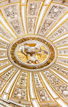 White Ceiiing Dome Father God Son Jesus Holy Spirit Cathedral White Ceiling Dome Mezquita Cordoba Spain.  Created in 785 as a Mosque, was converted to a Cathedral in the 1500.