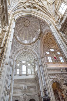 Cathedral White Ceiling Dome Mezquita Cordoba Spain.  Created in 785 as a Mosque, was converted to a Cathedral in the 1500.