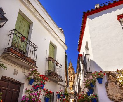 Flower Street Calleja de las Flores Old Torre del Alminar Bell Tower Mezquita Cordoba Andalusia Spain.  Mezquita created in 785 as a Mosque, converted to a Cathedral in the 1500.  Calleja de las Flores old Jewish quarter of Cordoba. 