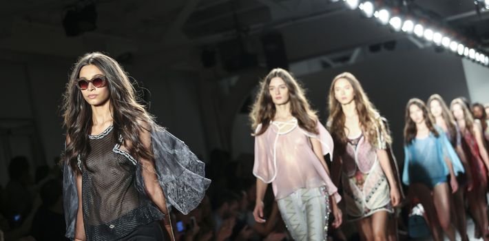 New York, NY, USA - September 11, 2015: A model walks the runway for Custo Barcelona Spring/Summer 2016 'SLOW' runway 'show during of Spring 2016 New York Fashion Week at Pier 59 Studios Chelsea Piers, Manhattan.