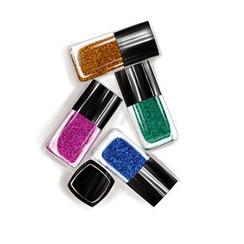 Hand drawn illustration of glittered nail polish bottles