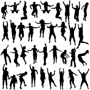 Silhouettes set of children and young people jumping