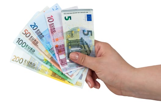 Hand holding euro banknotes isolated on white background with clipping path