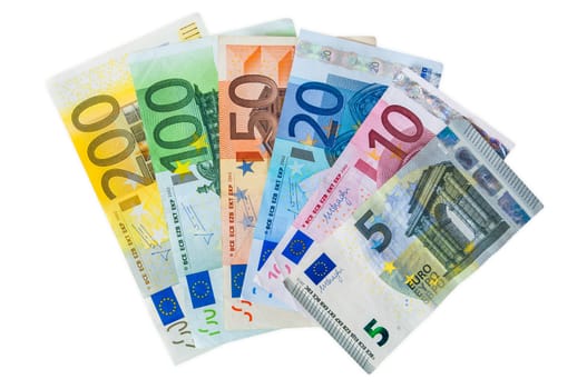 Set of euro banknotes isolated on white background with clipping path