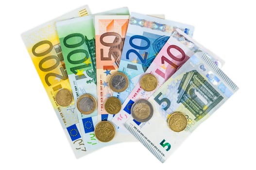 Set of euro banknotes and coins isolated on white background with clipping path