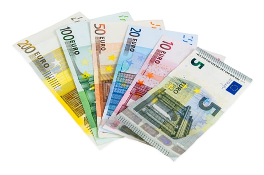 Set of euro banknotes isolated on white background with clipping path