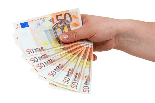 Hand holding banknotes of 50 euro isolated on white background with clipping path