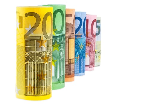 Set of rolled euro banknotes isolated on white background with clipping path