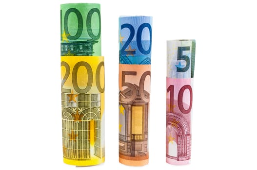 Set of rolled euro banknotes isolated on white background with clipping path