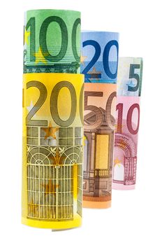 Set of rolled euro banknotes isolated on white background with clipping path