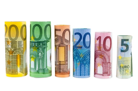 Set of rolled euro banknotes isolated on white background with clipping path
