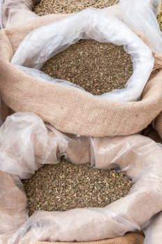 Bags with marjoram and mint on a spice market