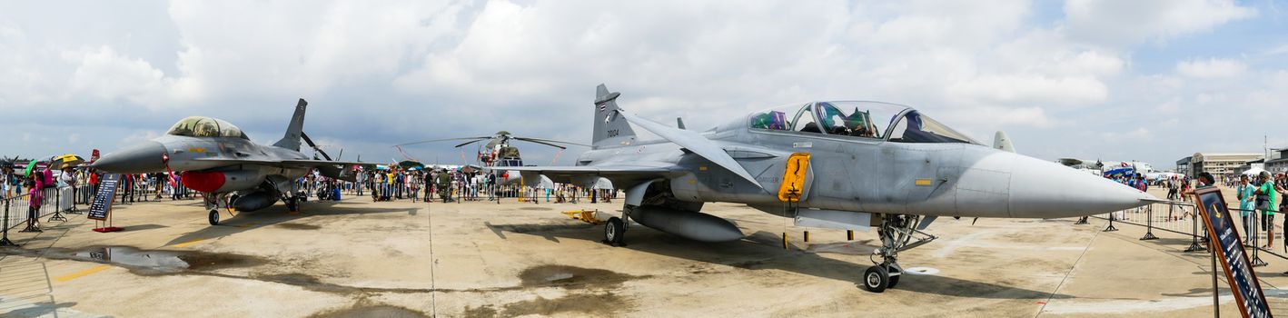 BANGKOK - JANUARY 9 : JAS 39 Gripen and F-16 on display in Children Day at Thailand Air Force on January 9, 2016 in Bangkok, Thailand.