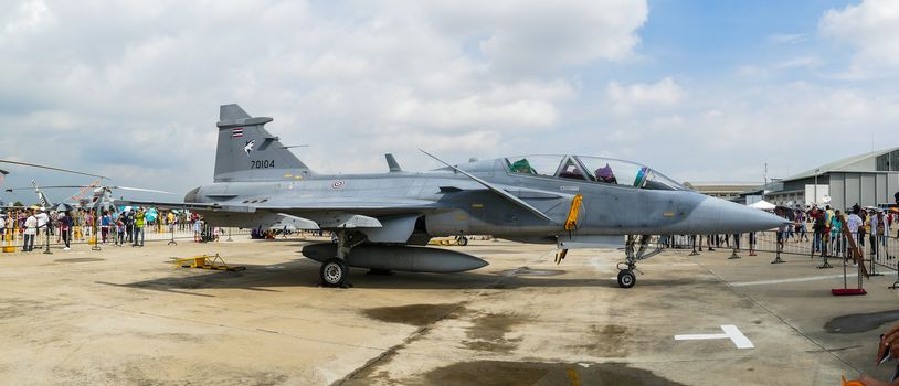 BANGKOK - JANUARY 9 : JAS 39 Gripen of Sweden on display in Children Day at Thailand Air Force on January 9, 2016 in Bangkok, Thailand.