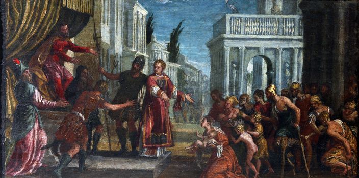 Paolo Veronese: St. Lawrence leads the poor prefect of Valerian, exhibited at the Great Masters Renaissance in Croatia, opened December 12, 2011. in Zagreb, Croatia