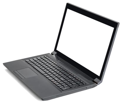Black laptop with blank screen isolated on white background, side view
