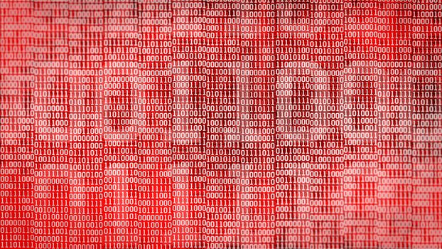 Binary computer code on red background. Technology.