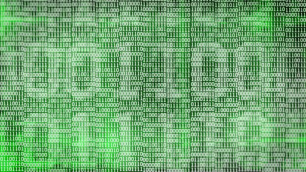 binary code screen listing table on green background.