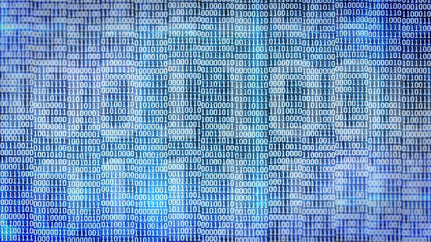 binary code screen listing table on blue background