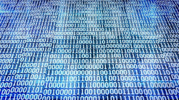 binary code screen listing table on Blue background