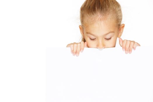 Little girl with blank sign isolated on white