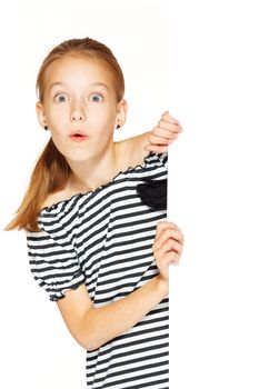 Little girl with blank sign isolated on white