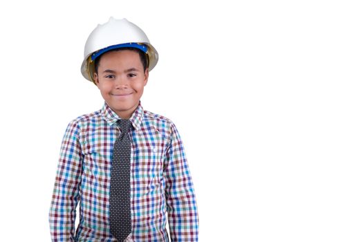 Future young African American engineer with a portrait of a charismatic young tween boy in a hardhat and necktie standing grinning happily at the camera as he shows his preference of career, on white