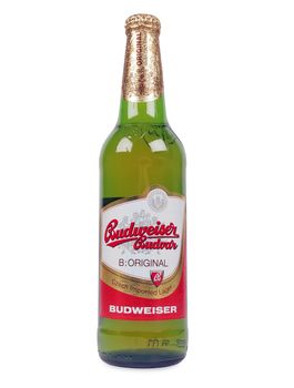 PULA, CROATIA - JANUARY 11, 2016: Budweiser lager beer isolated on white background. Budweiser is brewed in Ceske Budejovice in Czech Republik.