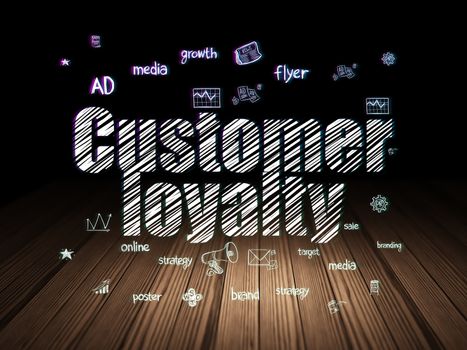 Marketing concept: Glowing text Customer Loyalty,  Hand Drawn Marketing Icons in grunge dark room with Wooden Floor, black background