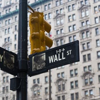 Wall st. street sign in New York City, USA.