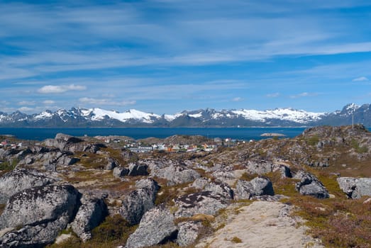 Top view of Lofoten island Skrova in Norway