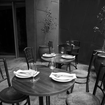 Afternoon setting at a restaurant in monochrome