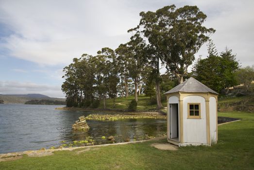 Hut Lookout Over the Boats on the Water Port Arthur in Tasmania Australia
