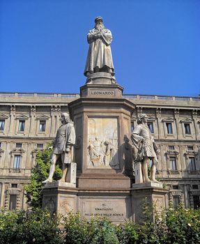 Monument of Leonardo Da Vinci in a public park, Milan Italy