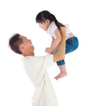 Happy asian man holding a smiling kid, isolated on white