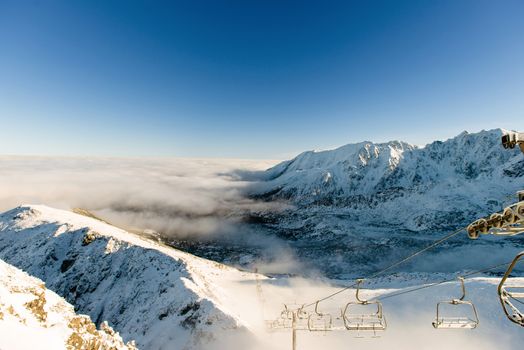 Beautiful view of the mountains and cableway on a sunny day. Kasprowy Wierch, Tatra Mountains, Poland