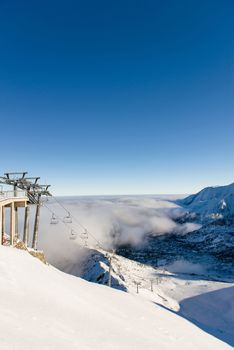 Beautiful view of the mountains and cableway on a sunny day. Kasprowy Wierch, Tatra Mountains, Poland