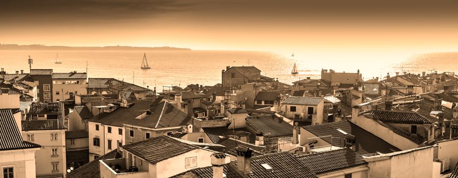 Picturesque old town Piran - beautiful Slovenian adriatic coast. Panoramic view.