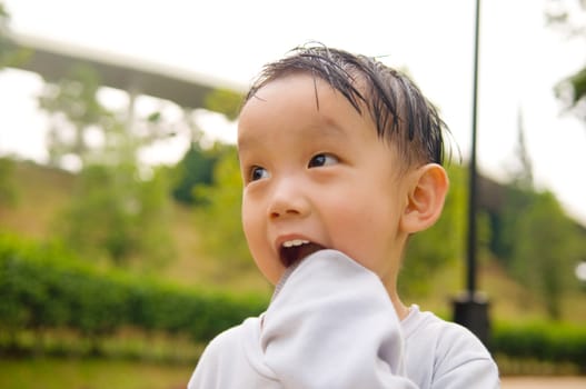 Close-up shot of a young Asian boy with smile on his face.