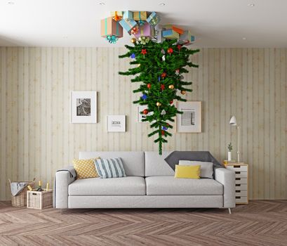 room with a Christmas tree on the ceiling. 3d concept