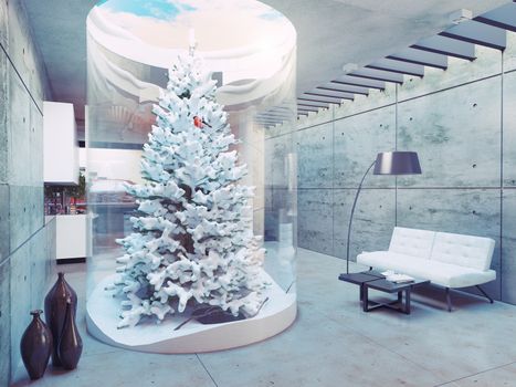 eco design of the modern  interior. Pine tree indoor. 3d concept