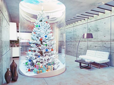 eco design of the modern  interior.  Live Christmas tree decoration indoor. 3d concept