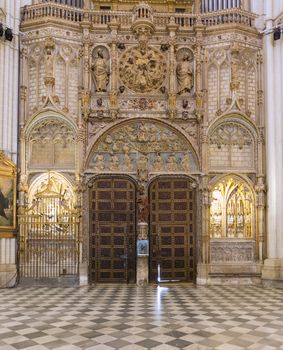 TOLEDO, SPAIN - MAY 19, 2014: Door and ornaments in Cathedral Primada Santa Maria de Toledo